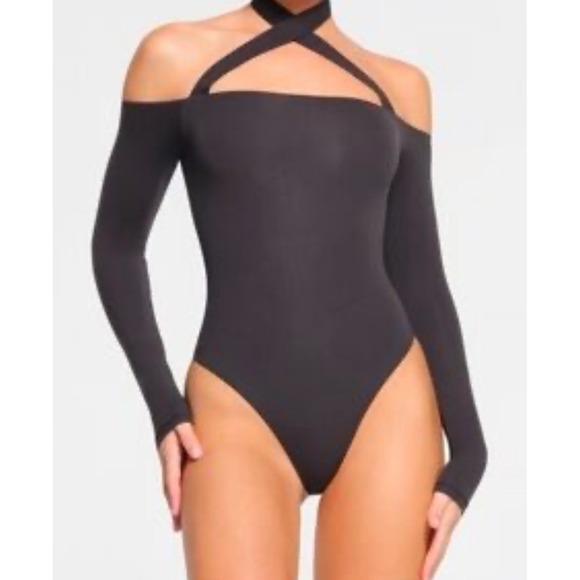 SKIMS Fits Everybody Wrap Long Sleeve Bodysuit Top Black Halter Neck - Picture 1 of 7